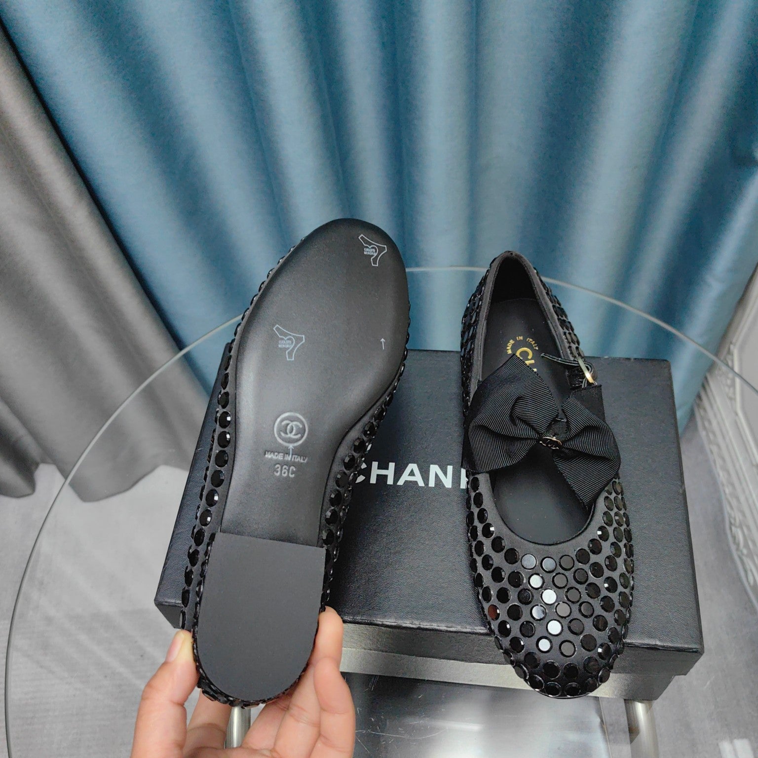 CHANEL MARY JANE BOW RHINESTONE BLACK SILK