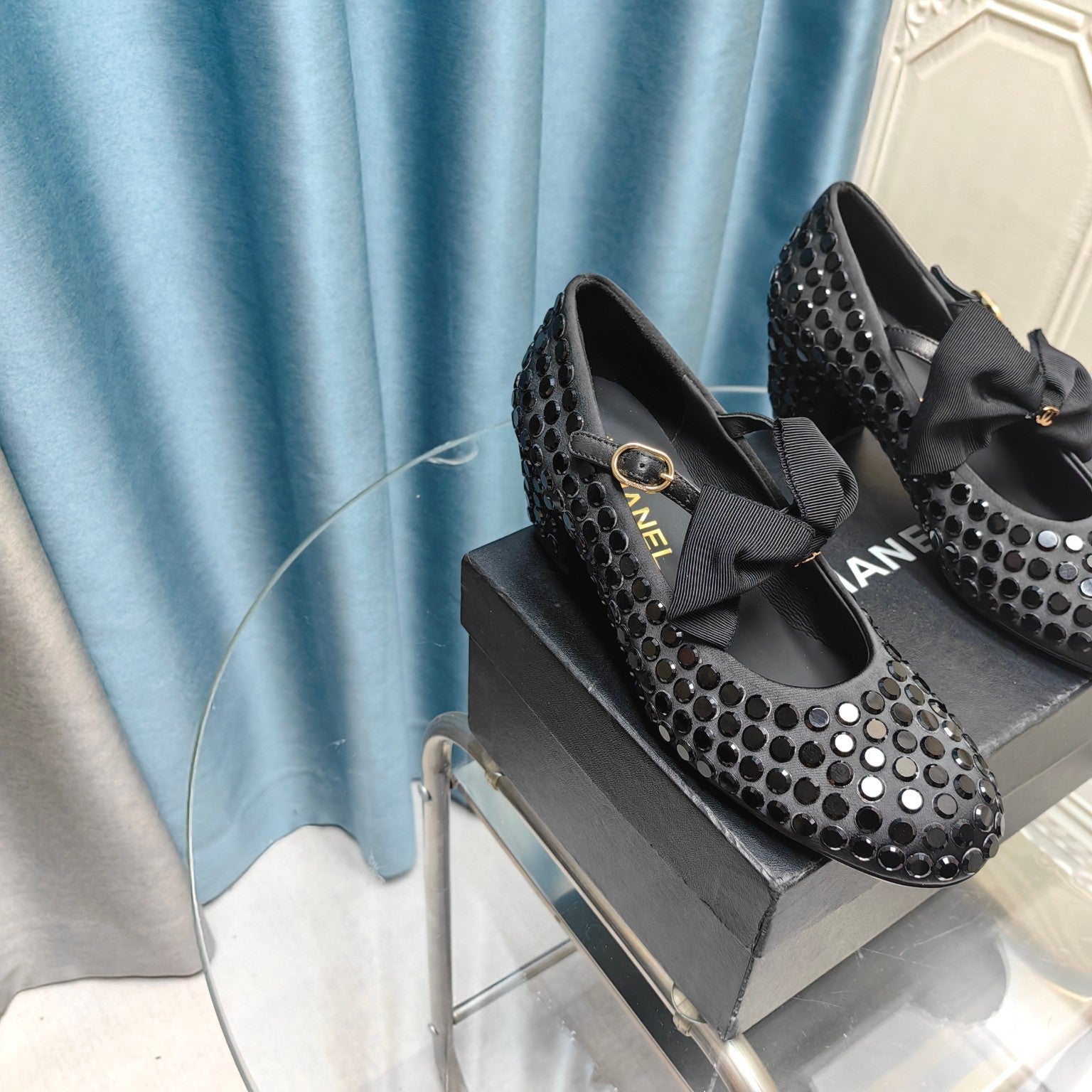 CHANEL HIGH MARY JANE BOW RHINESTONE BLACK SILK