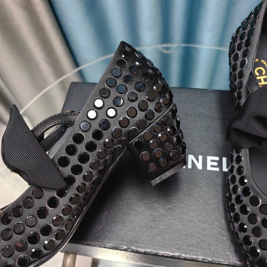 CHANEL HIGH MARY JANE BOW RHINESTONE BLACK SILK