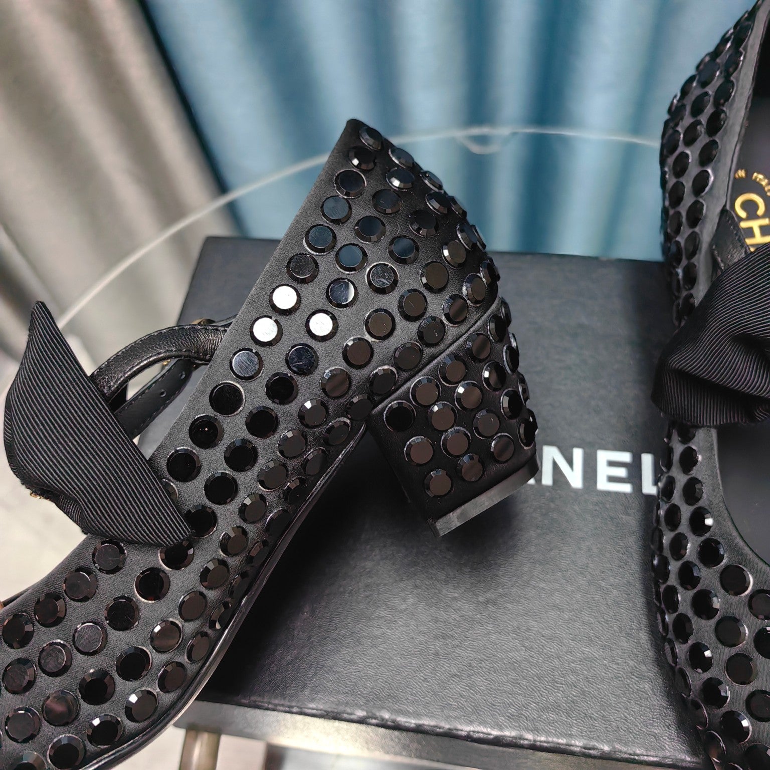 CHANEL HIGH MARY JANE BOW RHINESTONE BLACK SILK