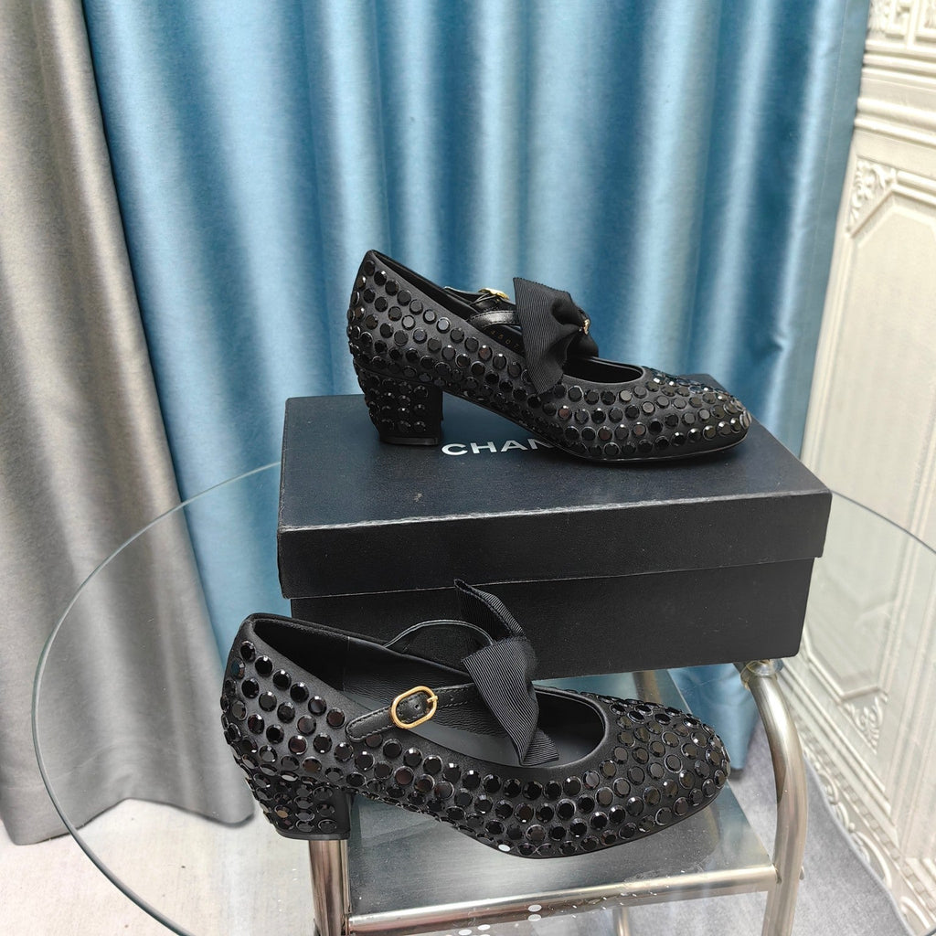 CHANEL HIGH MARY JANE BOW RHINESTONE BLACK SILK