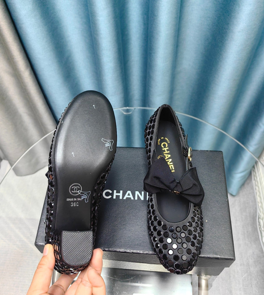 CHANEL HIGH MARY JANE BOW RHINESTONE BLACK SILK