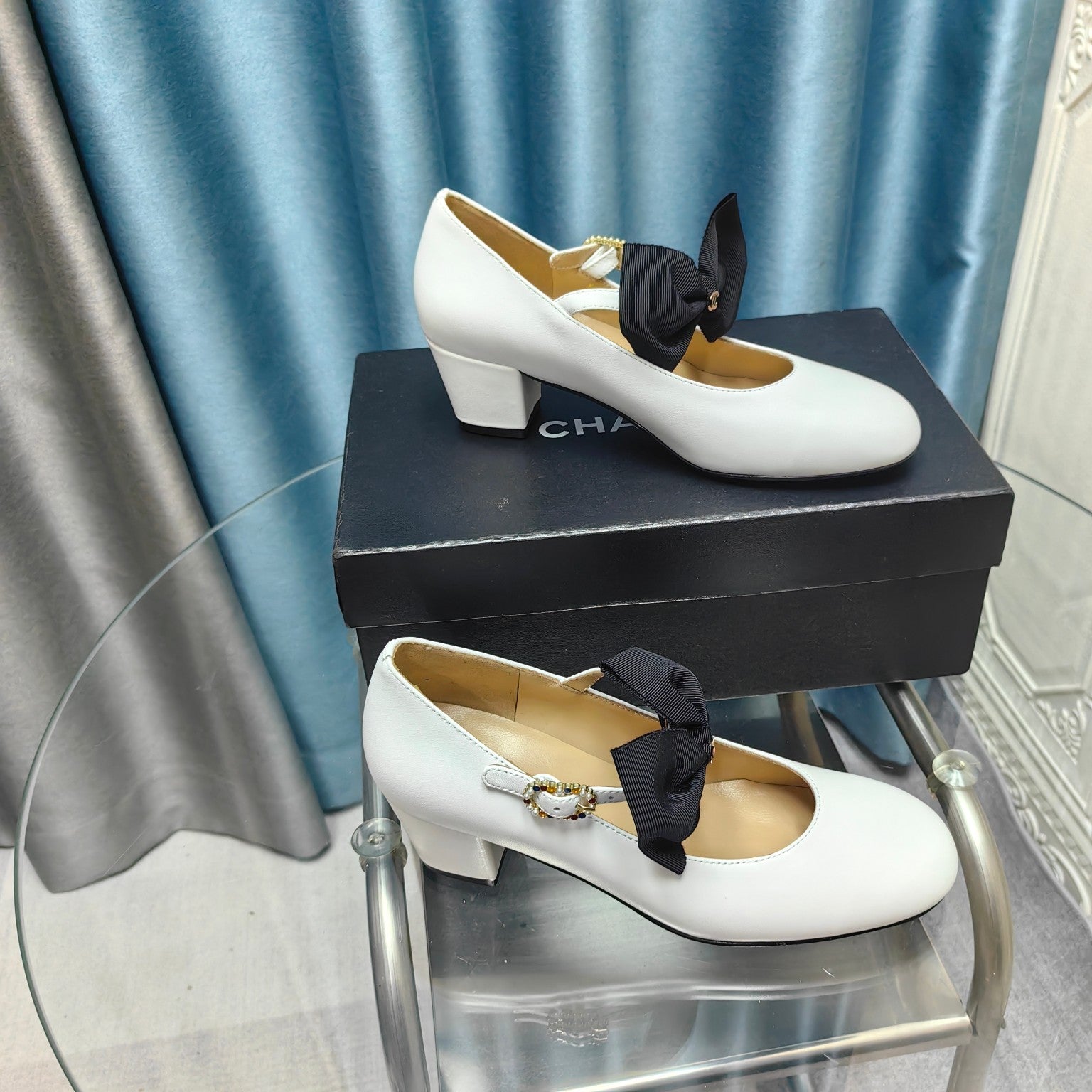 CHANEL HIGH MARY JANE SHOES WHITE SHEEPSKIN WITH BLACK BOW