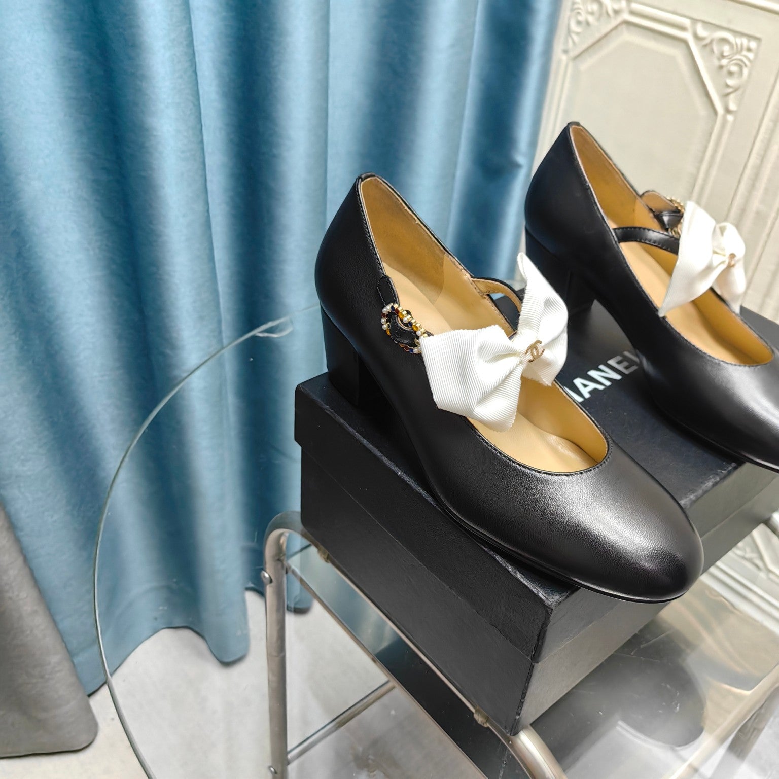 CHANEL HIGH MARY JANE SHOES BLACK SHEEPSKIN WITH WHITE BOW