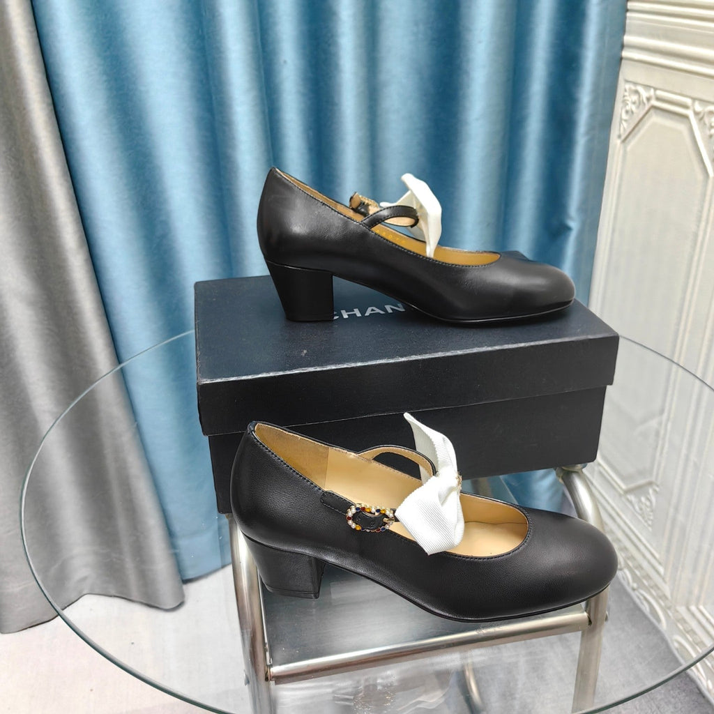 CHANEL HIGH MARY JANE SHOES BLACK SHEEPSKIN WITH WHITE BOW