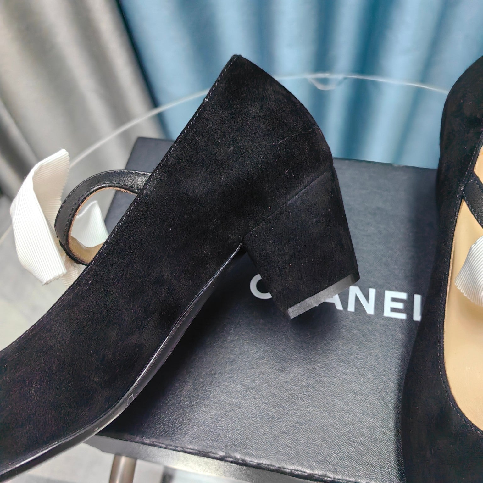 CHANEL HIGH MARY JANE SHOES BLACK SUEDE WITH WHITE BOW