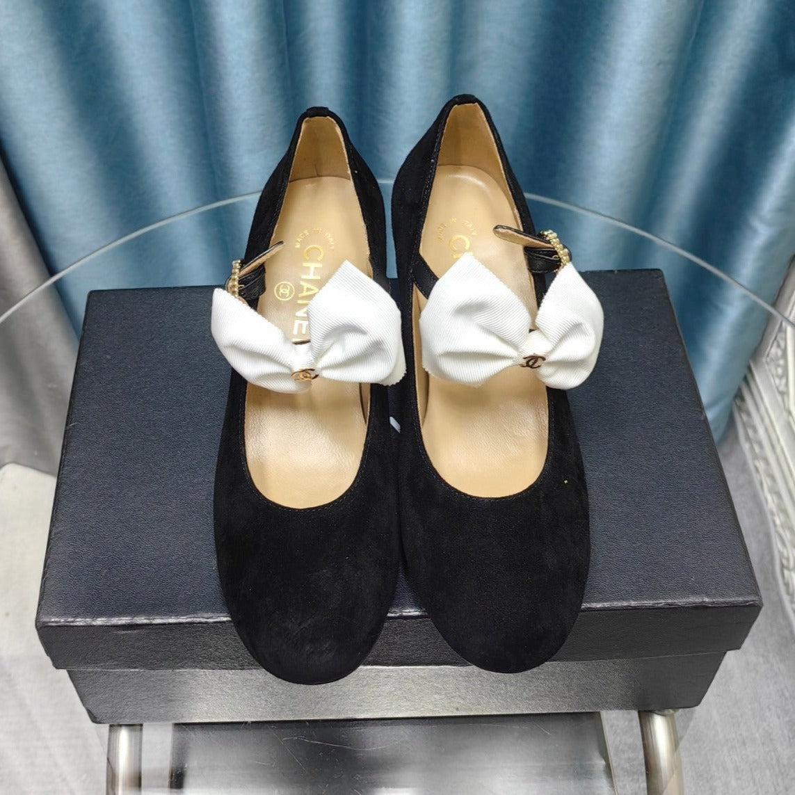 CHANEL HIGH MARY JANE SHOES BLACK SUEDE WITH WHITE BOW