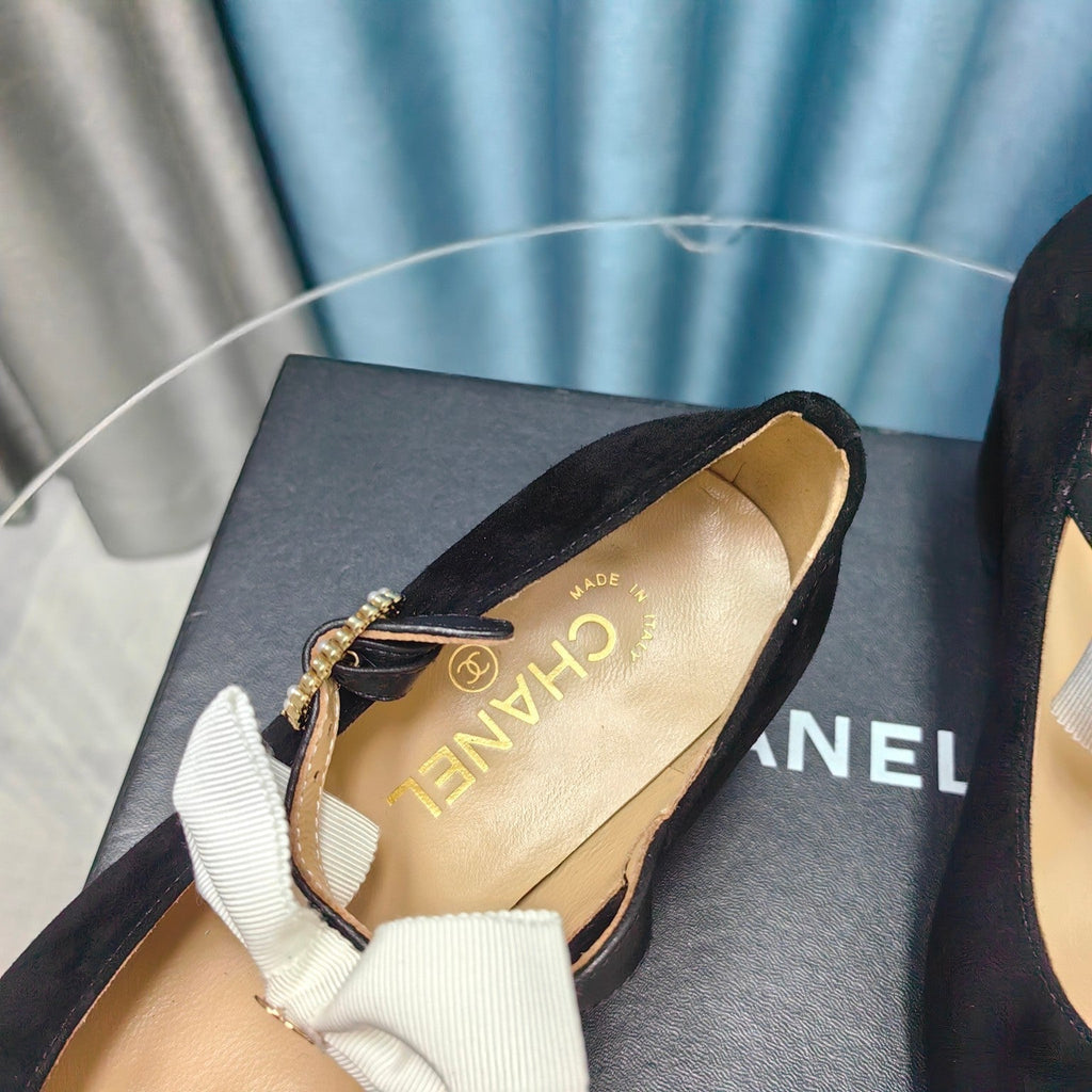 CHANEL HIGH MARY JANE SHOES BLACK SUEDE WITH WHITE BOW