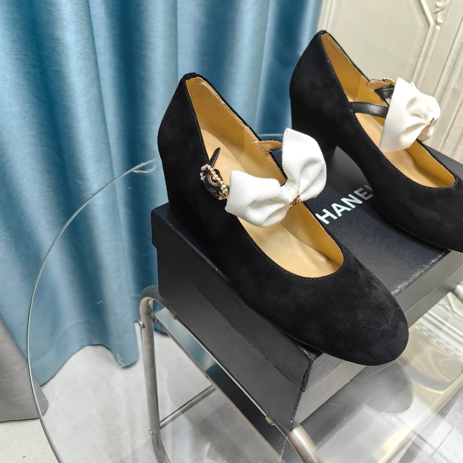 CHANEL HIGH MARY JANE SHOES BLACK SUEDE WITH WHITE BOW