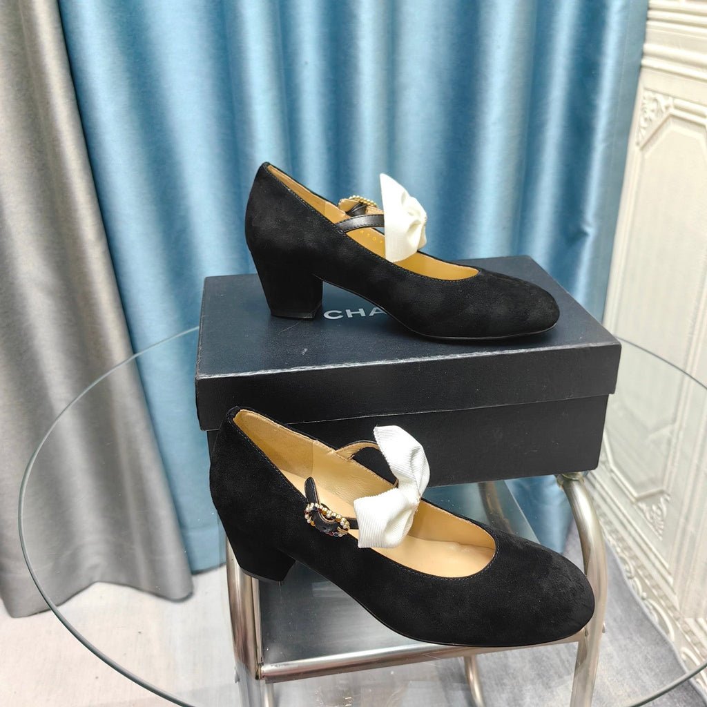 CHANEL HIGH MARY JANE SHOES BLACK SUEDE WITH WHITE BOW