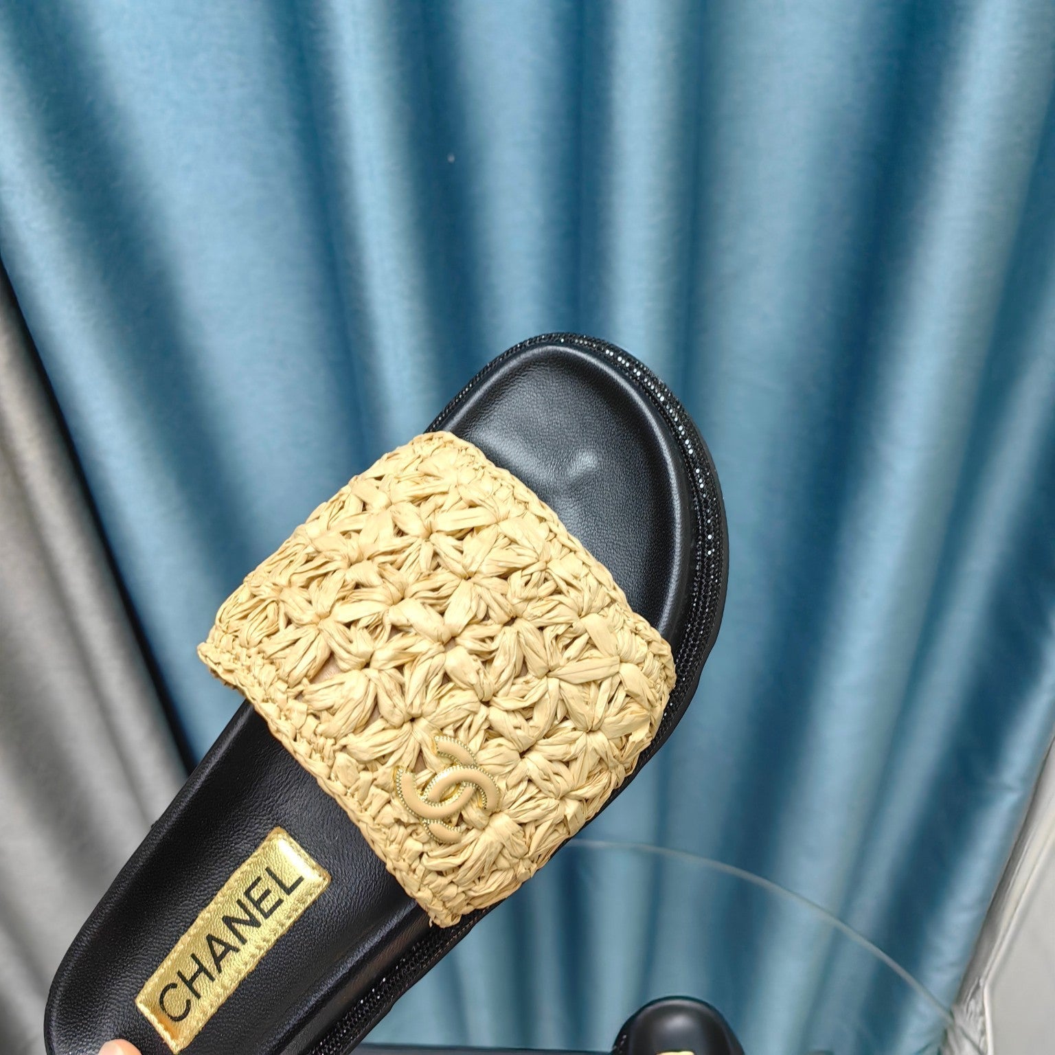 CHANEL KNIT SLIPPERS IN DARK CREAM WOVEN SATIN AND BLACK SHEEPSKIN