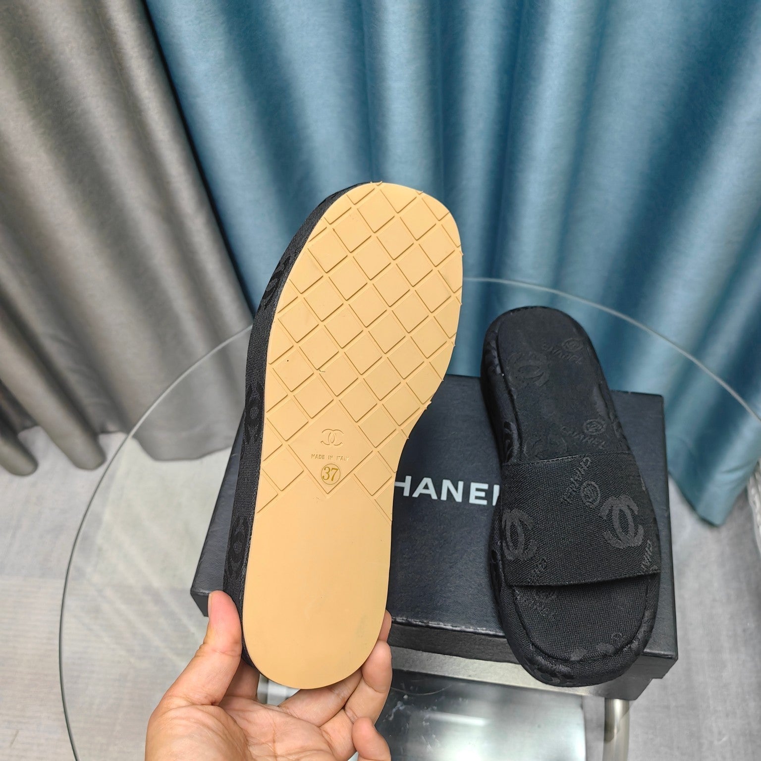 CHANEL THICK-SOLE SLIPPERS BLACK SATIN