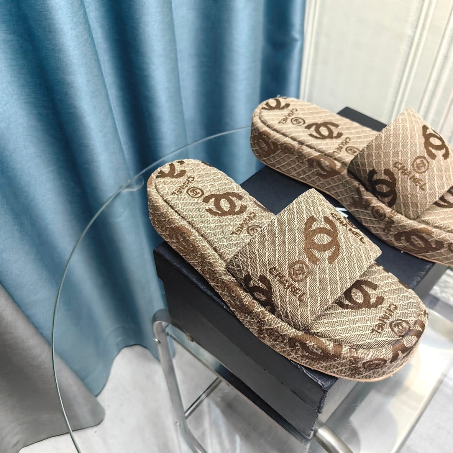 CHANEL THICK-SOLE SLIPPERS PEANUT BROWN SATIN