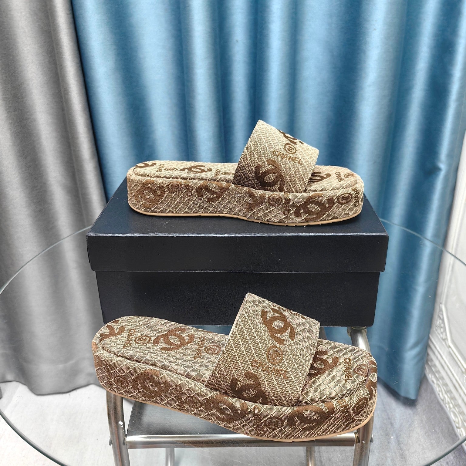 CHANEL THICK-SOLE SLIPPERS PEANUT BROWN SATIN