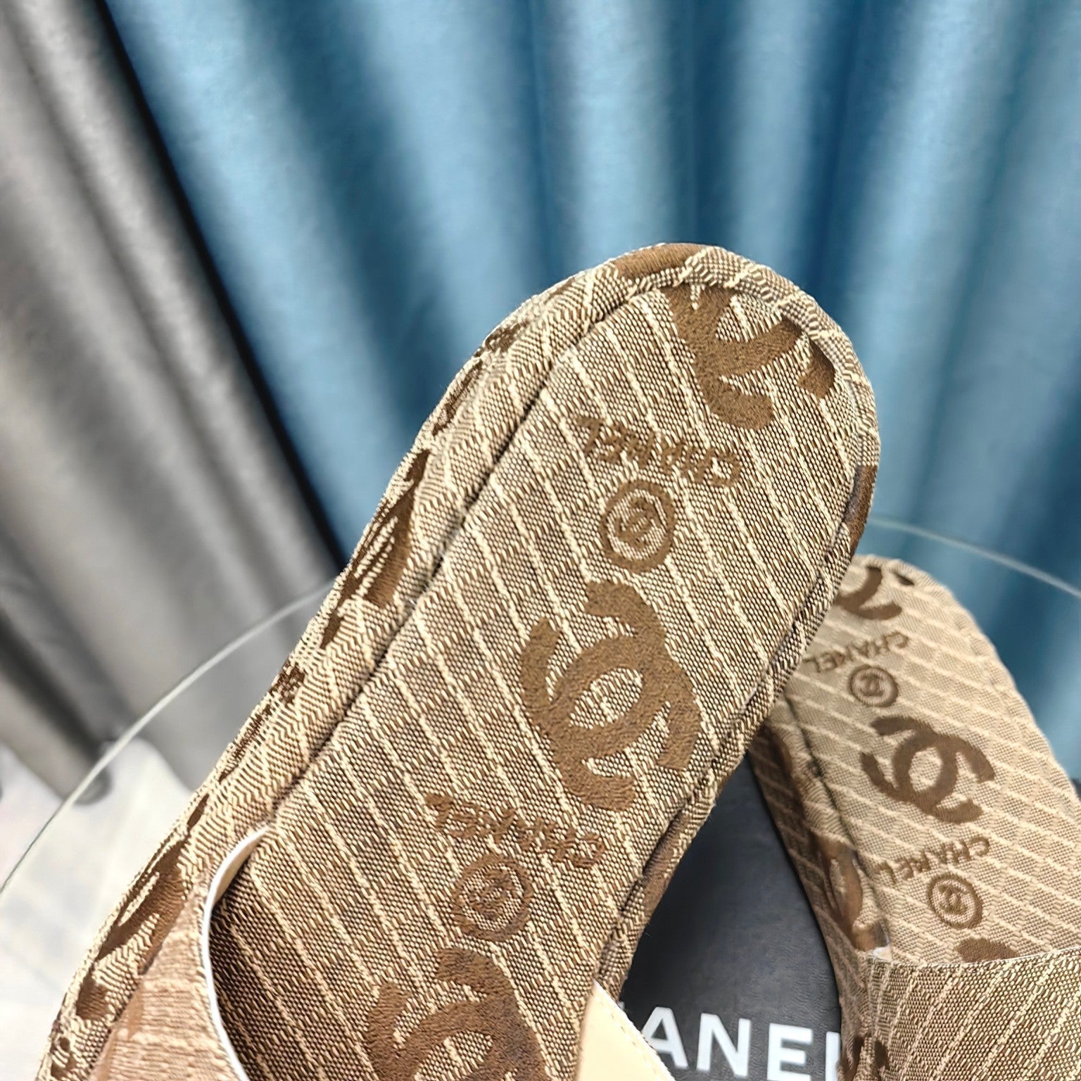 CHANEL THICK-SOLE SLIPPERS PEANUT BROWN SATIN