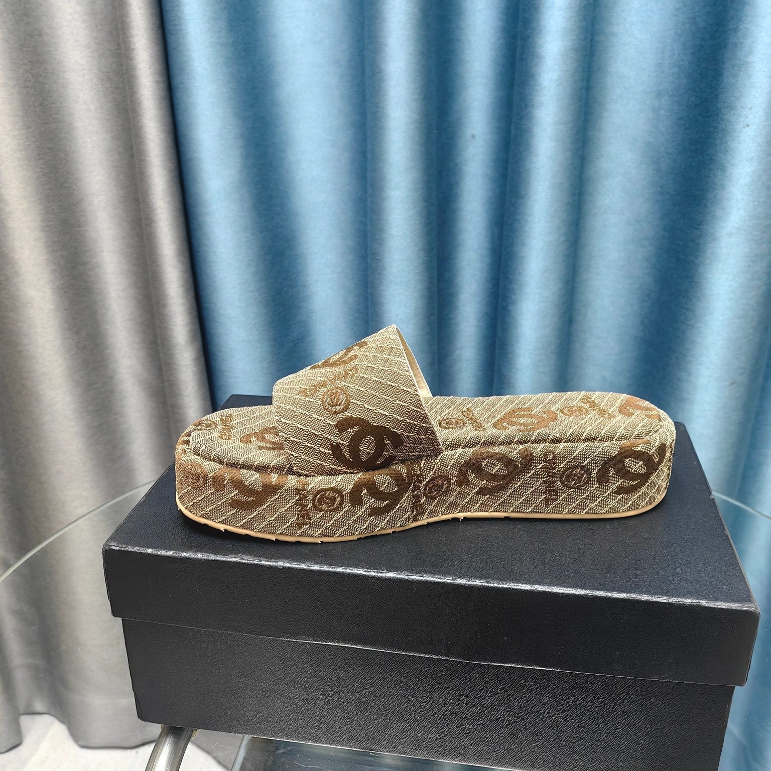 CHANEL THICK-SOLE SLIPPERS PEANUT BROWN SATIN