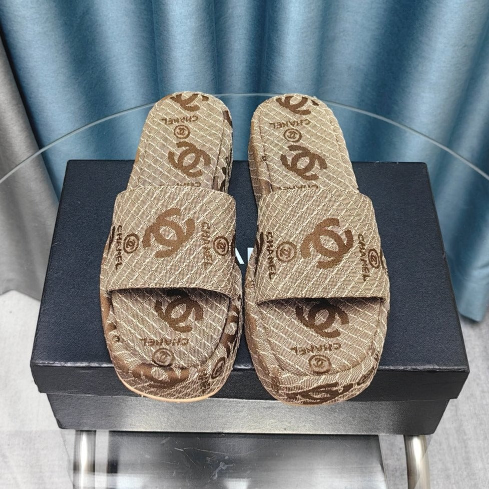 CHANEL THICK-SOLE SLIPPERS PEANUT BROWN SATIN