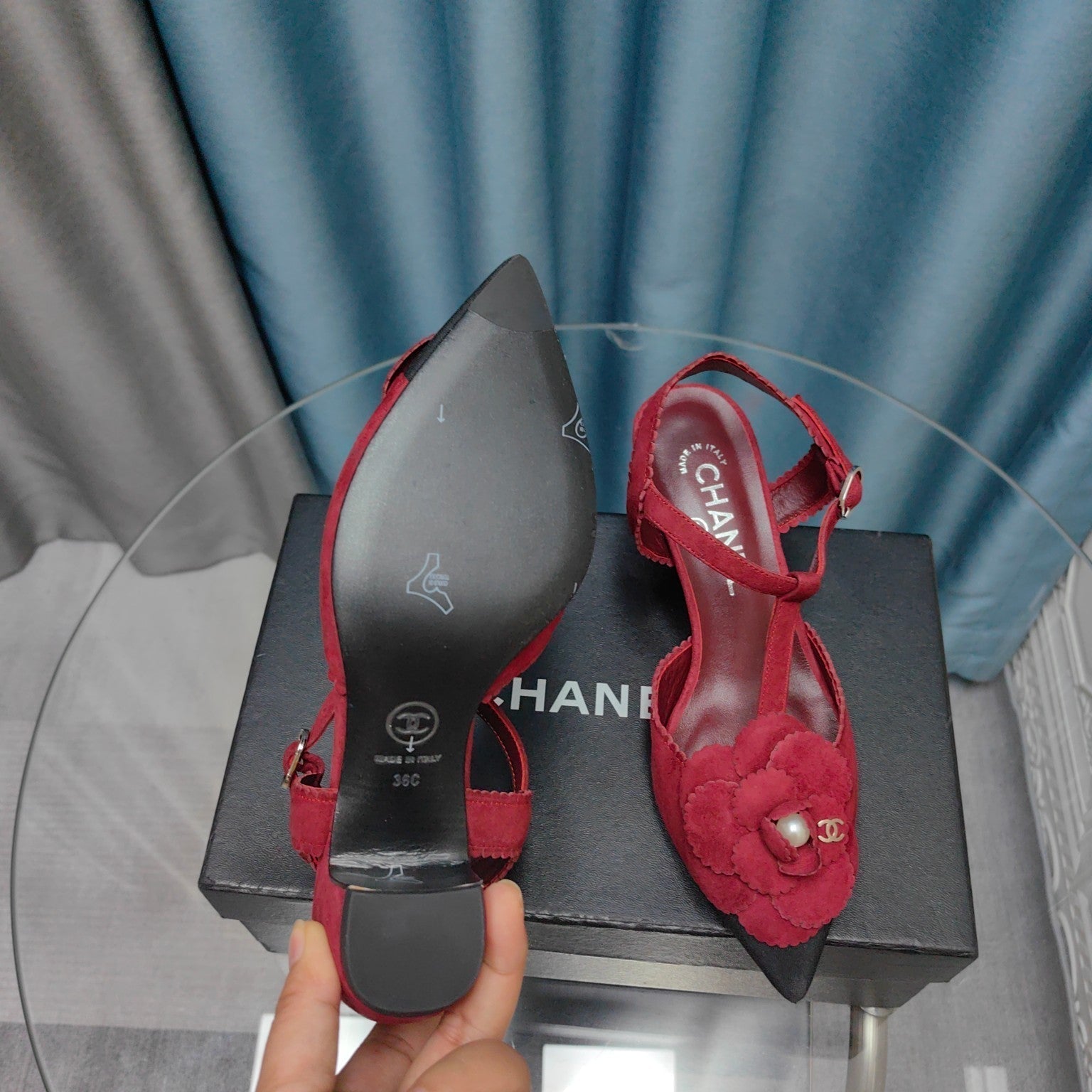 CHANEL CAMELLIA SANDAL IN CHERRY RED SUEDE AND BLACK CALFSKIN WITH FLOWER