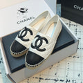 CHANEL ESPADRILLES LOAFERS IN WHITE LAMBSKIN WITH BLACK LOGO