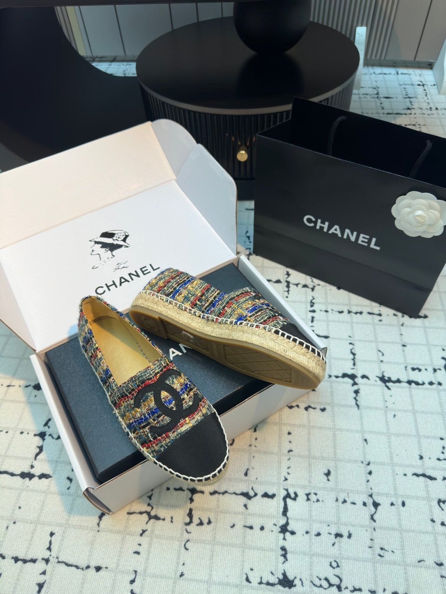 CHANEL ESPADRILLES LOAFERS IN MULTICOLOR TWEED AND BLACK SATIN
