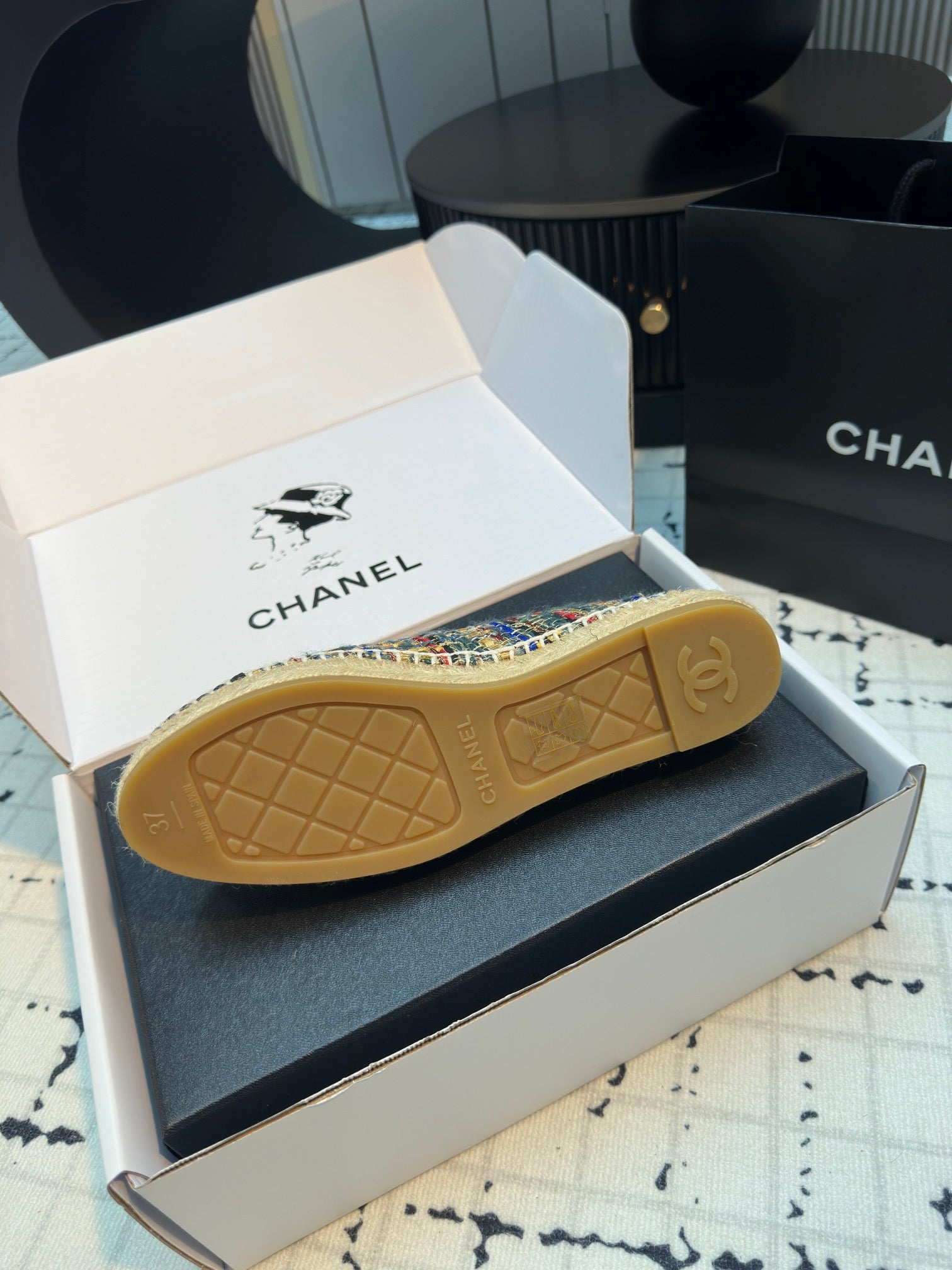 CHANEL ESPADRILLES LOAFERS IN MULTICOLOR TWEED AND BLACK SATIN