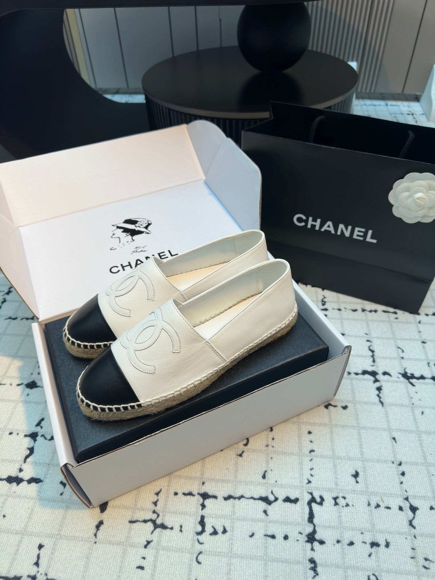 CHANEL ESPADRILLES LOAFERS IN BLACK MIX WHITE LAMBSKIN