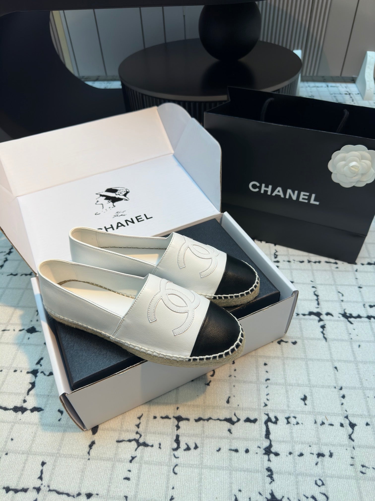 CHANEL ESPADRILLES LOAFERS IN BLACK MIX WHITE LAMBSKIN
