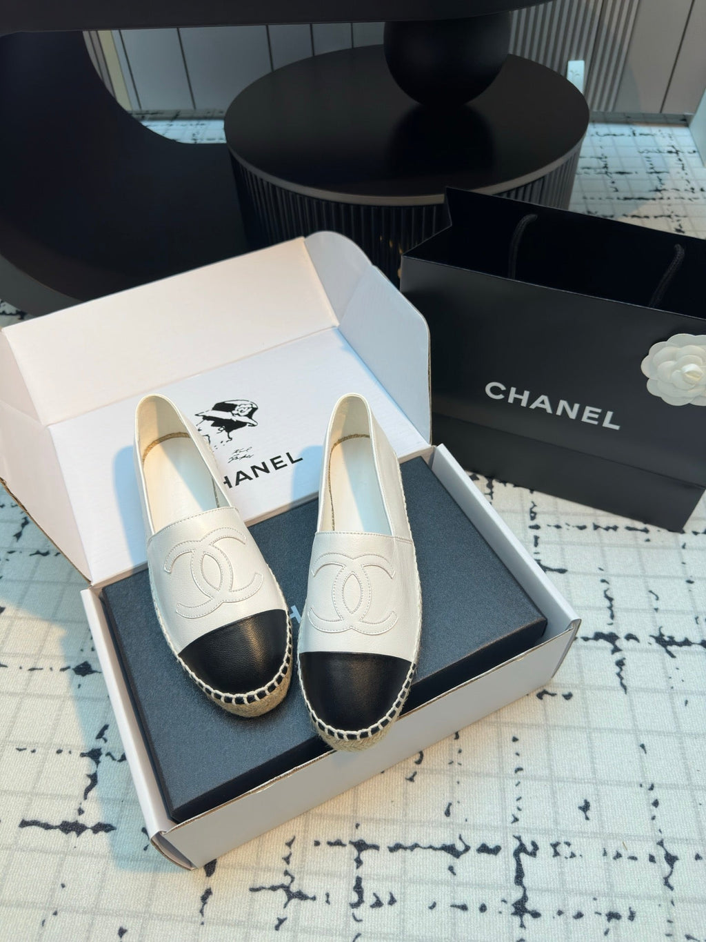 CHANEL ESPADRILLES LOAFERS IN BLACK MIX WHITE LAMBSKIN