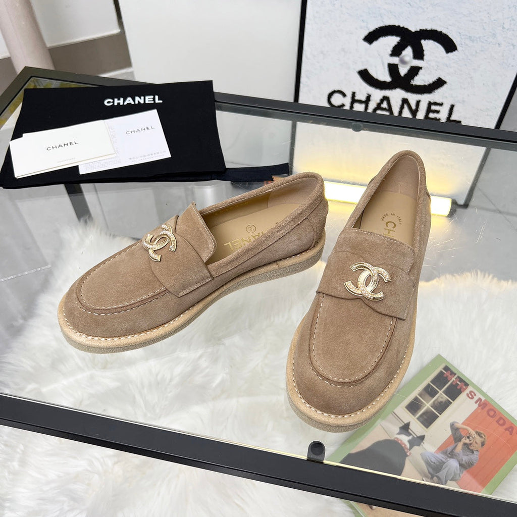 CHANEL PEARL LOGO LOAFERS IN CINNAMON BROWN SUEDE