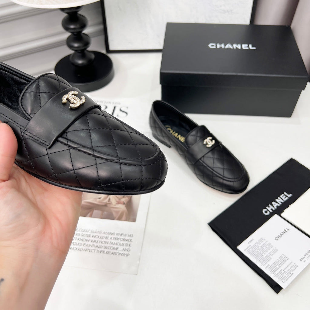 CHANEL 25S LOAFER DANCE SHOES IN BLACK CALFSKIN GOLD HARDWARE