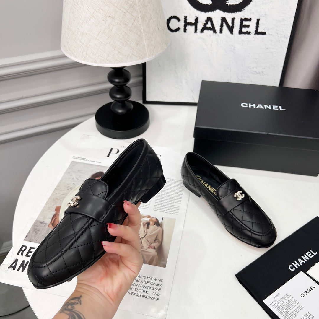 CHANEL 25S LOAFER DANCE SHOES IN BLACK CALFSKIN GOLD HARDWRE