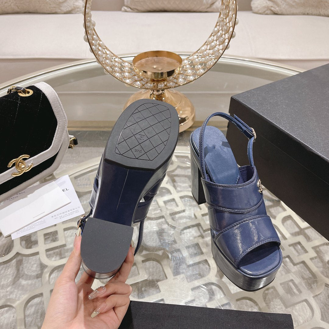 CHANEL sandals blue patent crumpled lambskin