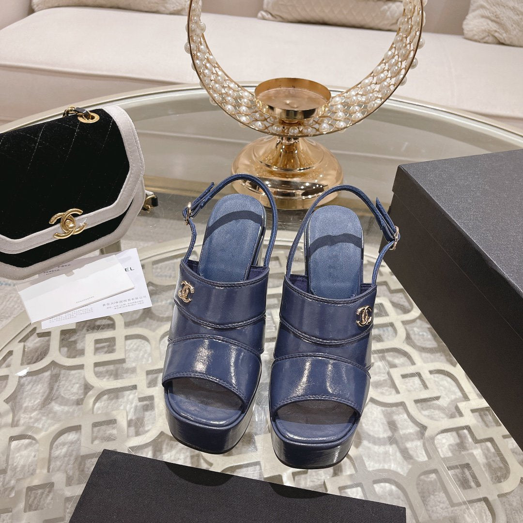 CHANEL sandals blue patent crumpled lambskin