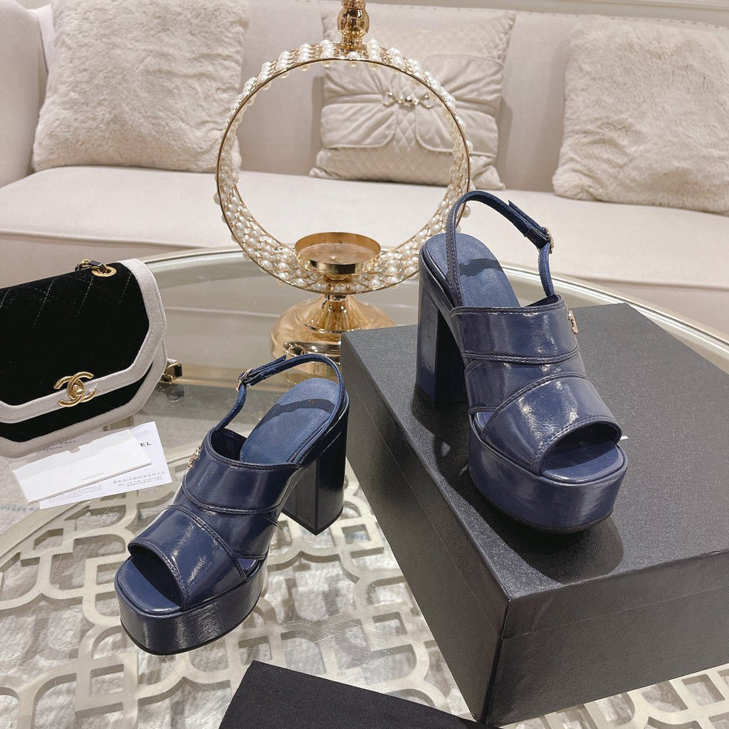 CHANEL sandals blue patent crumpled lambskin