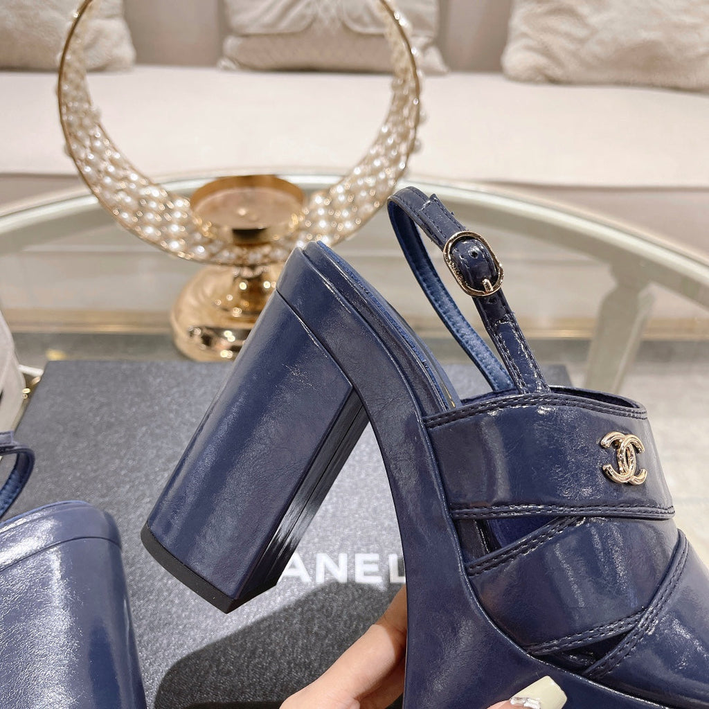 CHANEL sandals blue patent crumpled lambskin