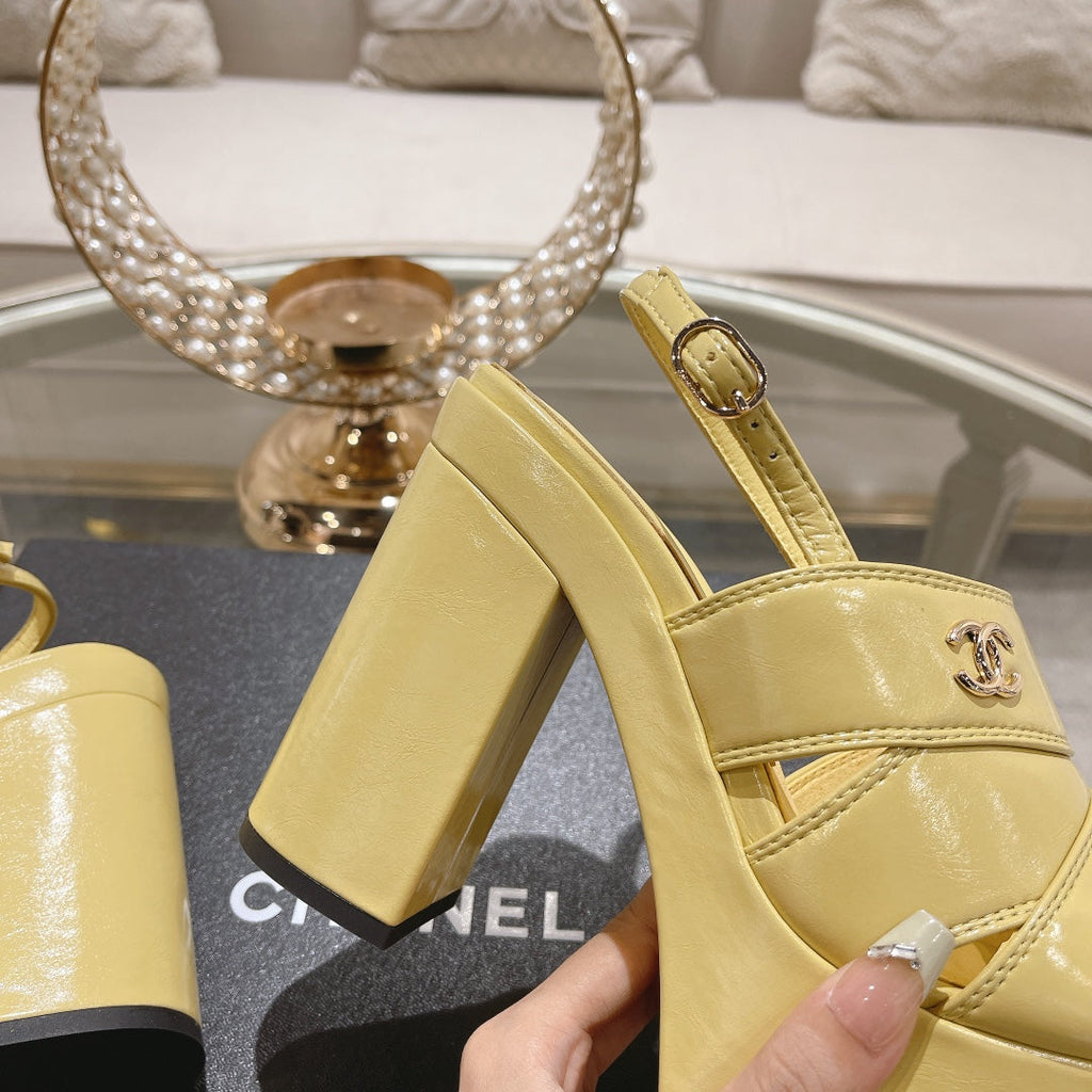 CHANEL sandals yellow patent crumpled lambskin