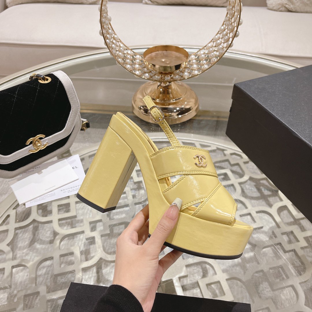 CHANEL sandals yellow patent crumpled lambskin