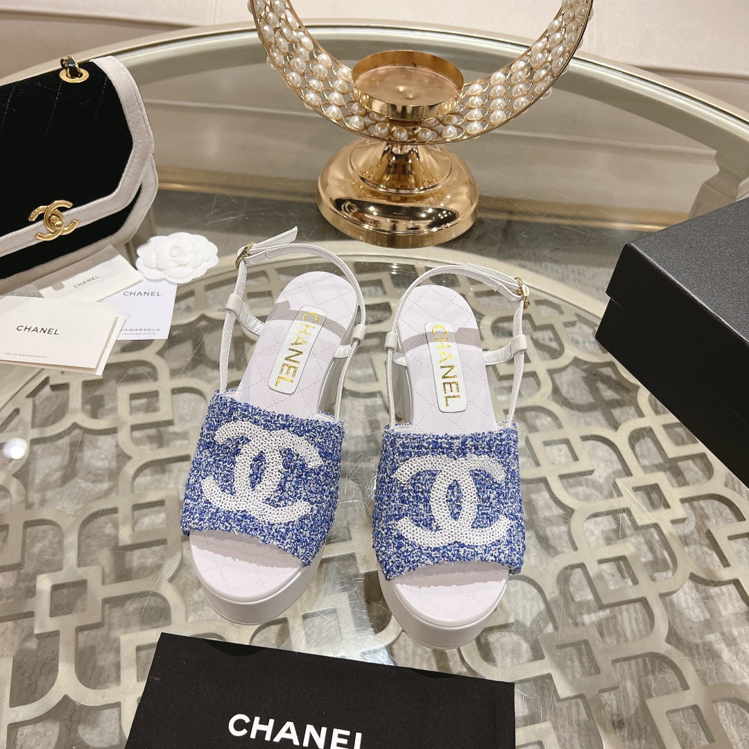 CHANEL WEDGE SANDALS IN SAPPHIRE BLUE FABRIC WITH WHITE LOGO