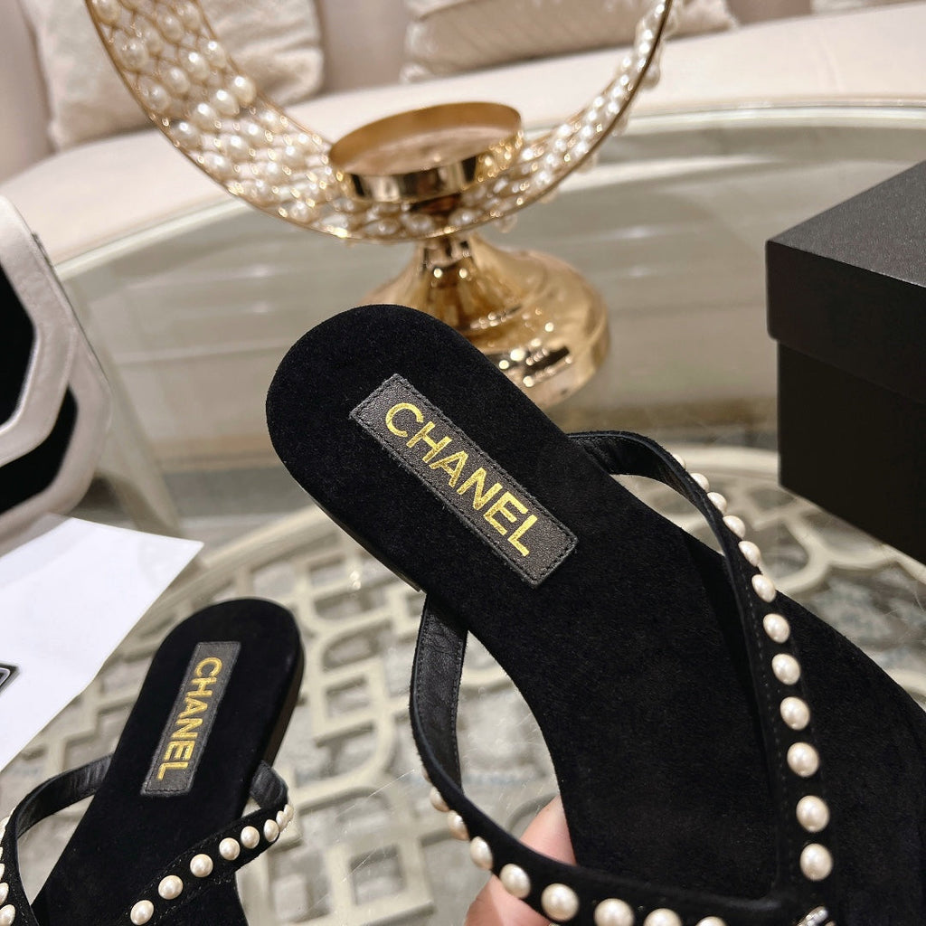 CHANEL PEARL THONG SANDAL IN BLACK SUEDE