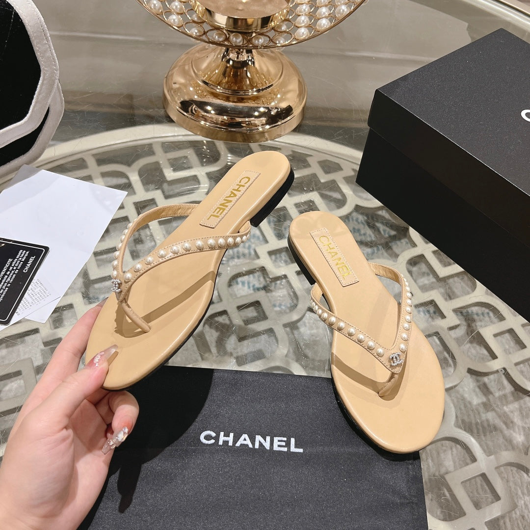 CHANEL PEARL THONG SANDAL IN SEPIA TAN LAMBSKIN