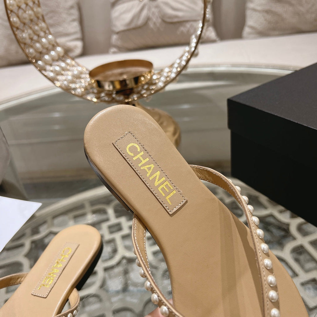 CHANEL PEARL THONG SANDAL IN SEPIA TAN LAMBSKIN