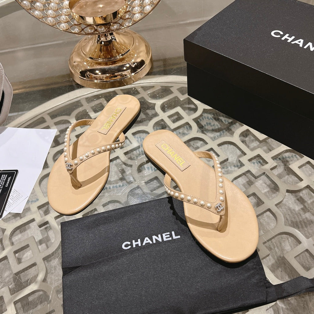 CHANEL PEARL THONG SANDAL IN SEPIA TAN LAMBSKIN