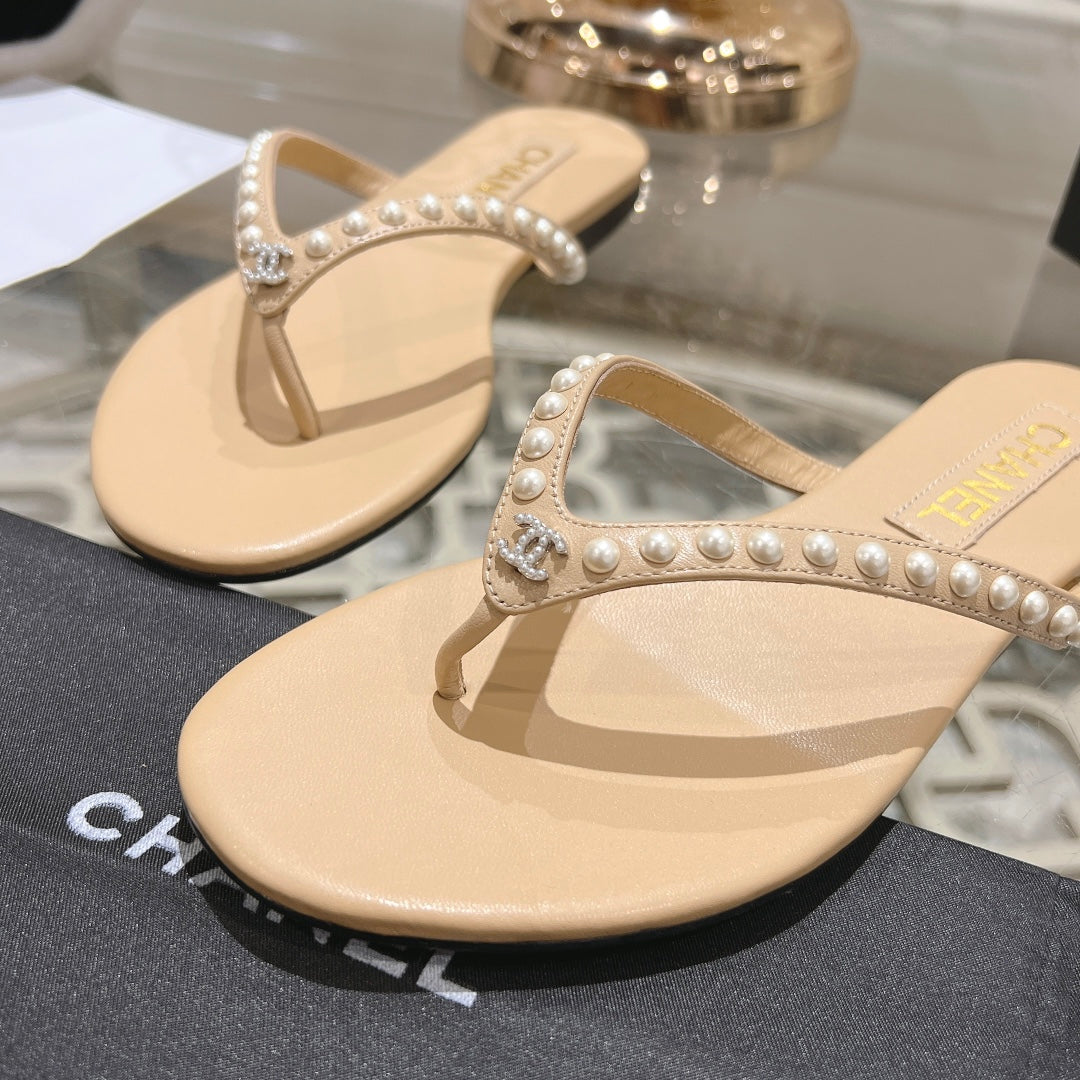 CHANEL PEARL THONG SANDAL IN SEPIA TAN LAMBSKIN