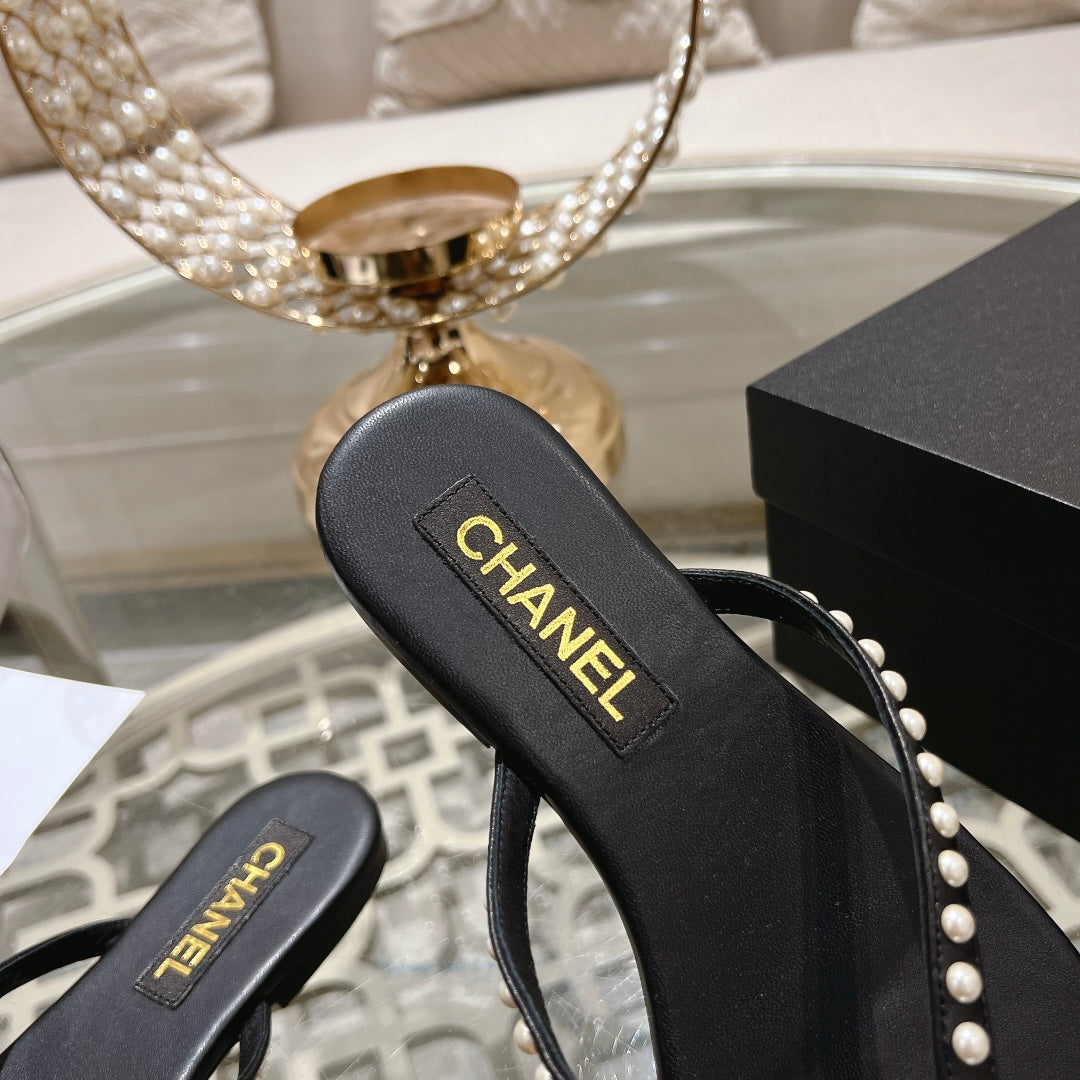 CHANEL PEARL THONG SANDAL IN BLACK LAMBSKIN