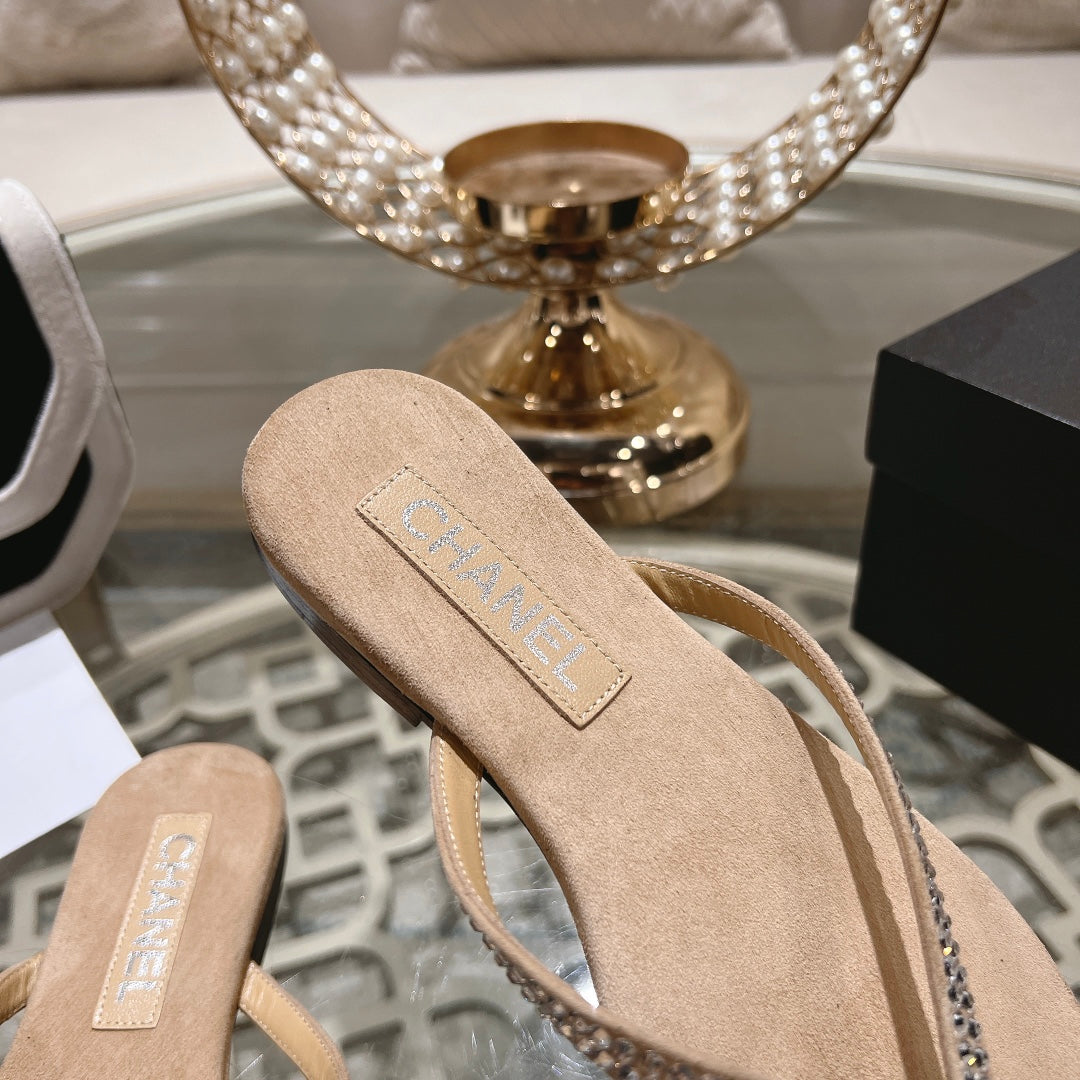 CHANEL RHINESTONES THONG SANDAL IN SEPIA TAN SUEDE