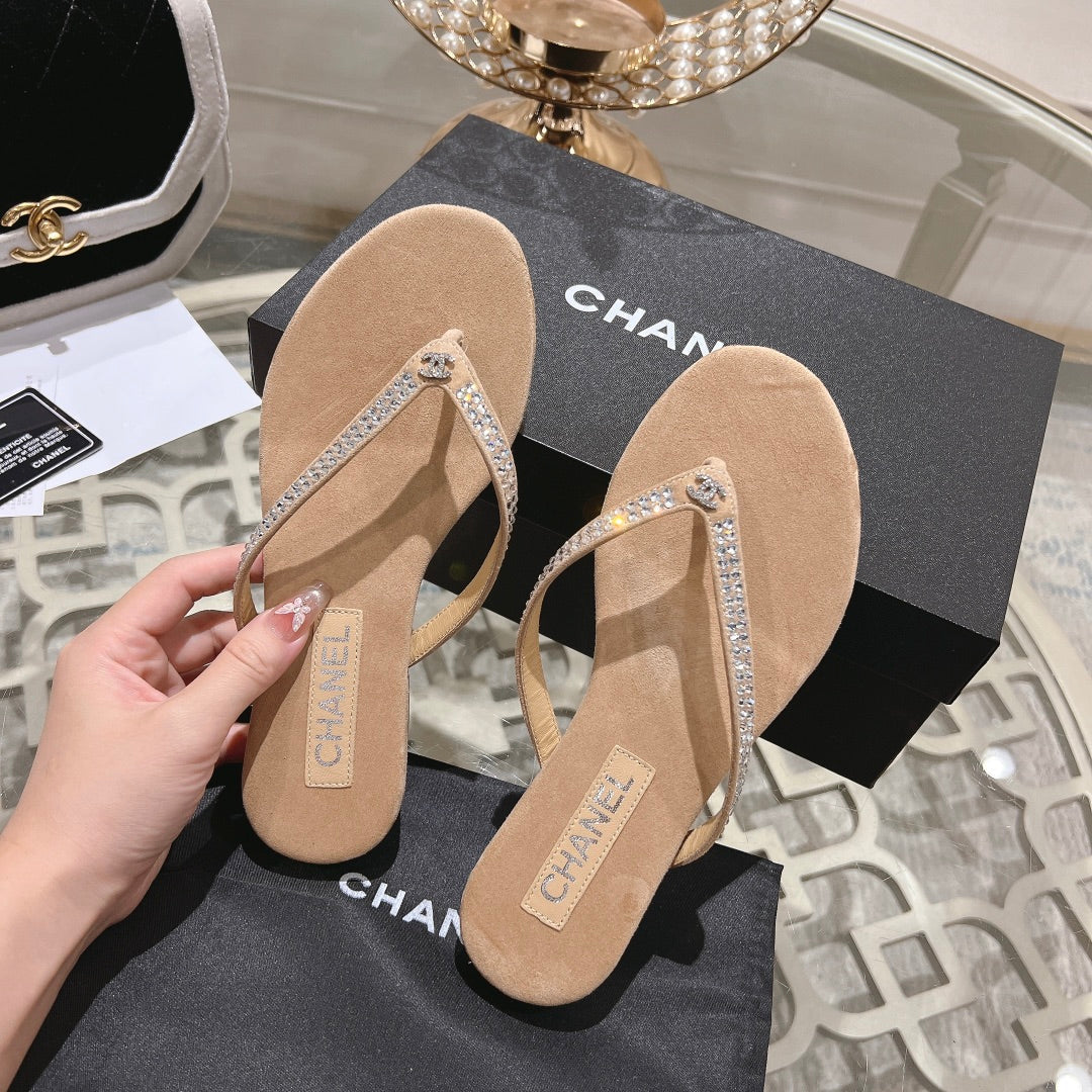 CHANEL RHINESTONES THONG SANDAL IN SEPIA TAN SUEDE
