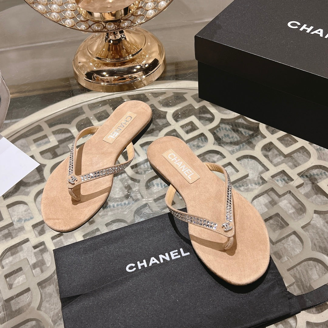 CHANEL RHINESTONES THONG SANDAL IN SEPIA TAN SUEDE