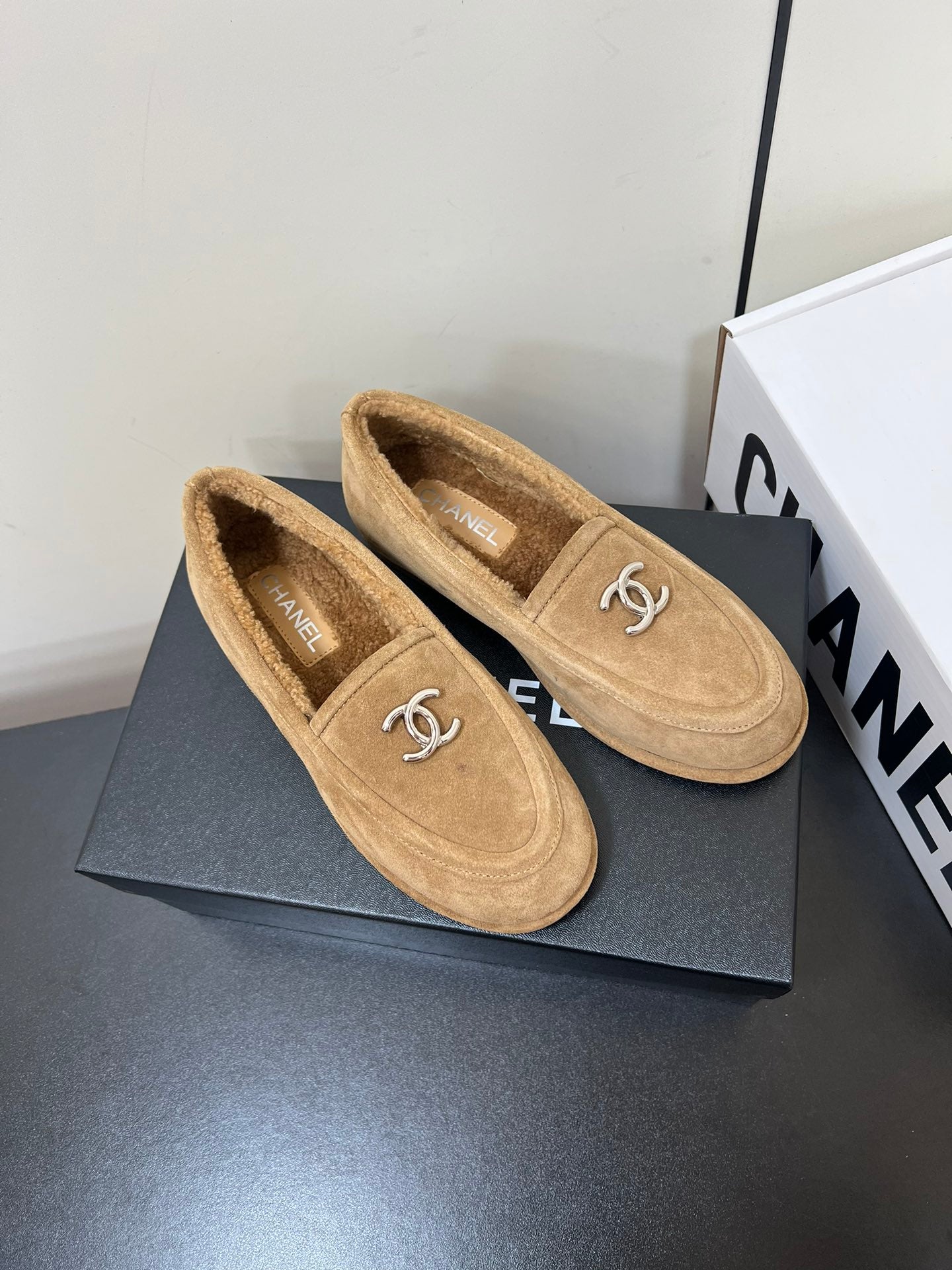 CHANEL LOAFER IN SEPIA TAN SUEDE AND SOLF FLEECE LINING