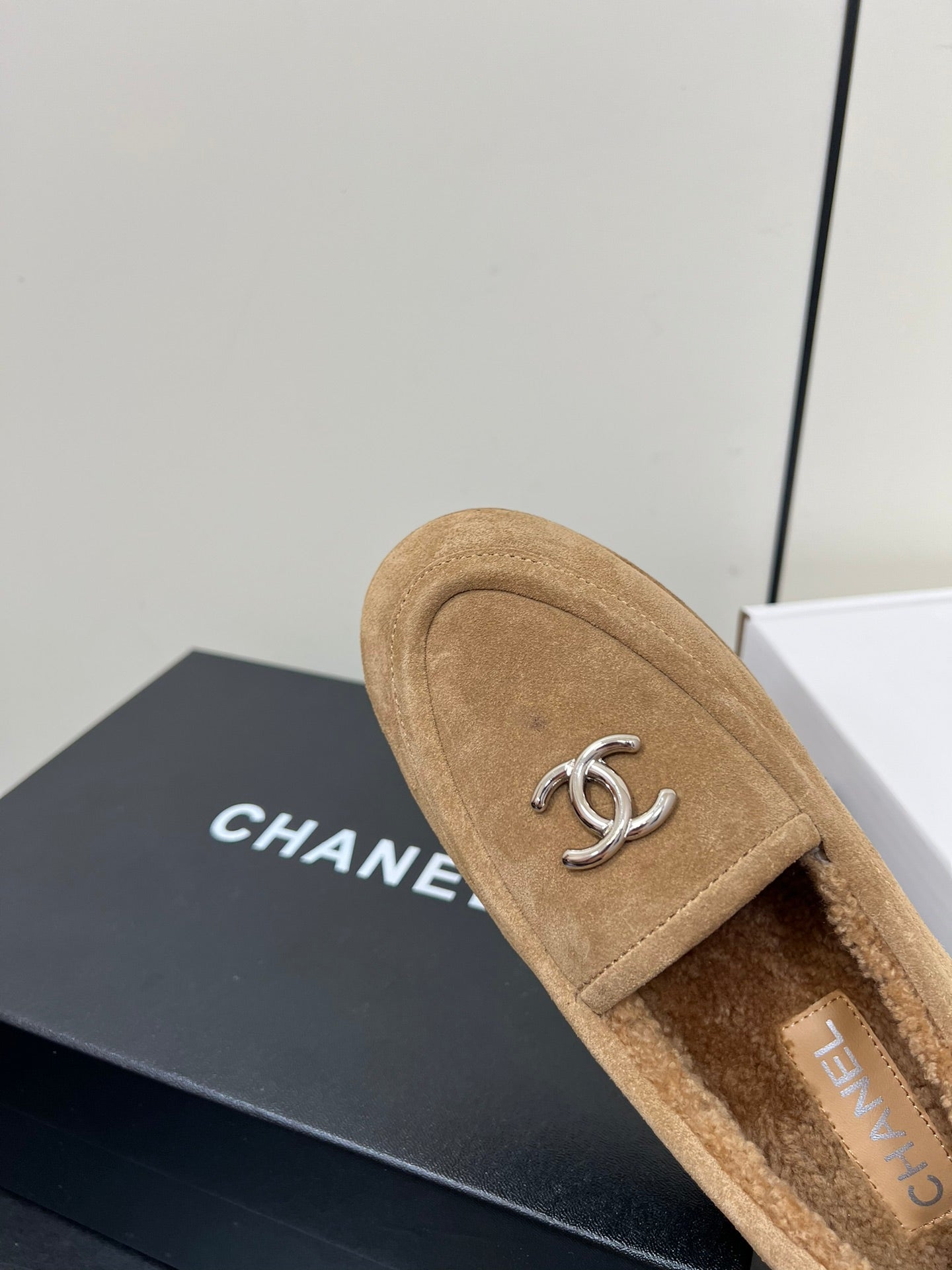 CHANEL LOAFER IN SEPIA TAN SUEDE AND SOLF FLEECE LINING