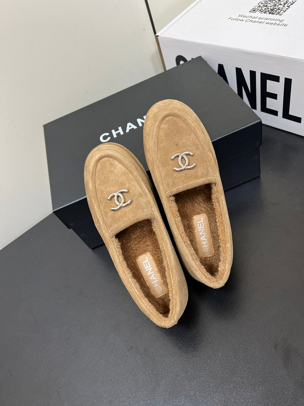 CHANEL LOAFER IN SEPIA TAN SUEDE AND SOLF FLEECE LINING